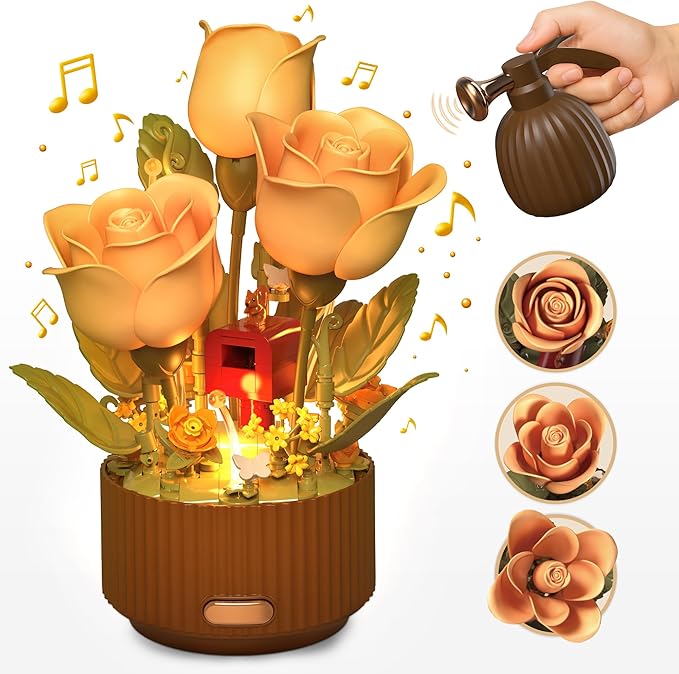 TekYetoi Magical Blooming Rose Building Set, Mothers Day Gifts for Mom - Electric Moving Flower Blocks with Interactive So...
