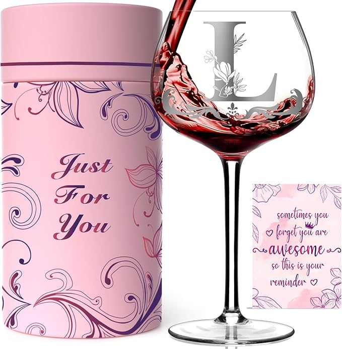 Mothers Day Gifts for Mom, Grandma, Wife - Personalized Initial A-Z Wine Glass Gifs for Women - Unique Birthday Gift for H...