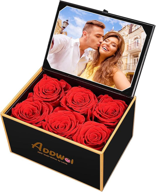 ADDWel Preserved Rose Gift Box with 4x6 Photo Frame, Romantic Flower Gifts for Women, Wife or Girlfriend, 6 Eternal Roses ...