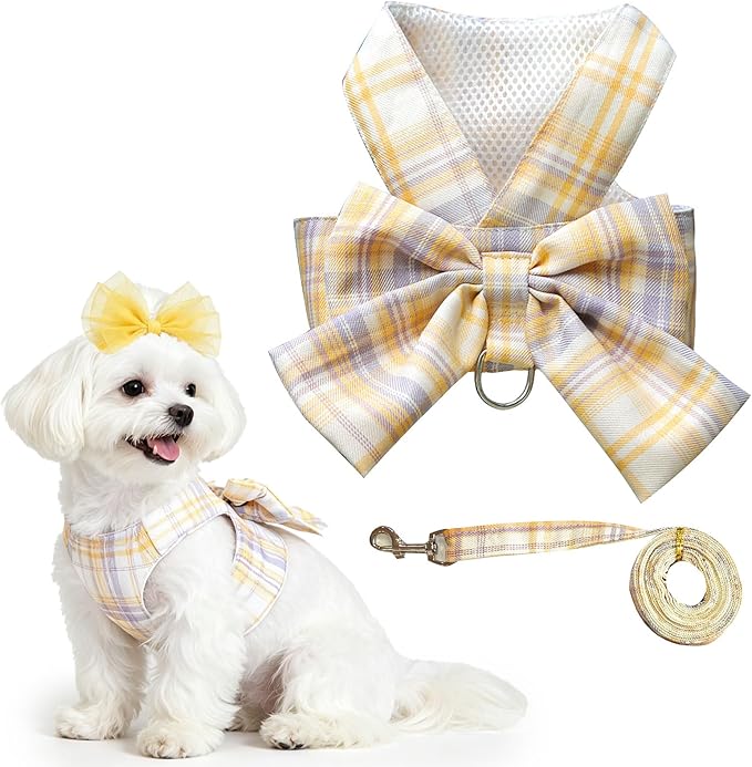 UETZLTB Cute Dog Harness and Leash Set with Bow Tie Soft Mesh Plaid Girl Puppy Harness No Pull Pet Cat Dog Vest Harness fo...