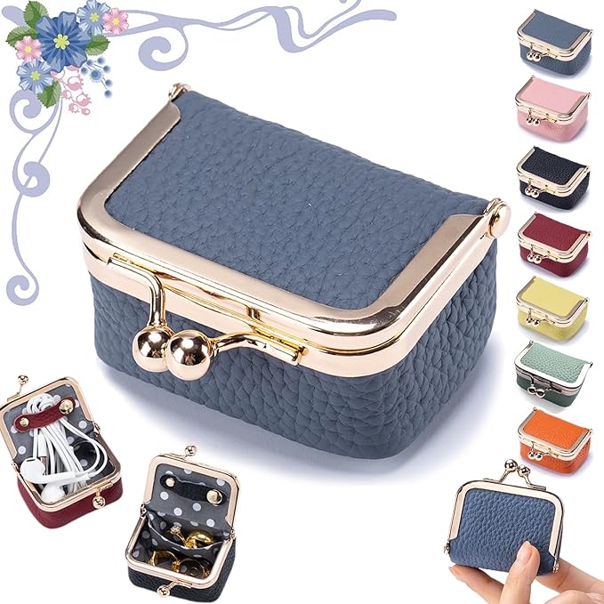 Genuine Leather Mini Jewelry Box, Portable Vintage-Inspired Genuine Leather Coin Purse Jewelry Case with Kiss Lock, Mini T...