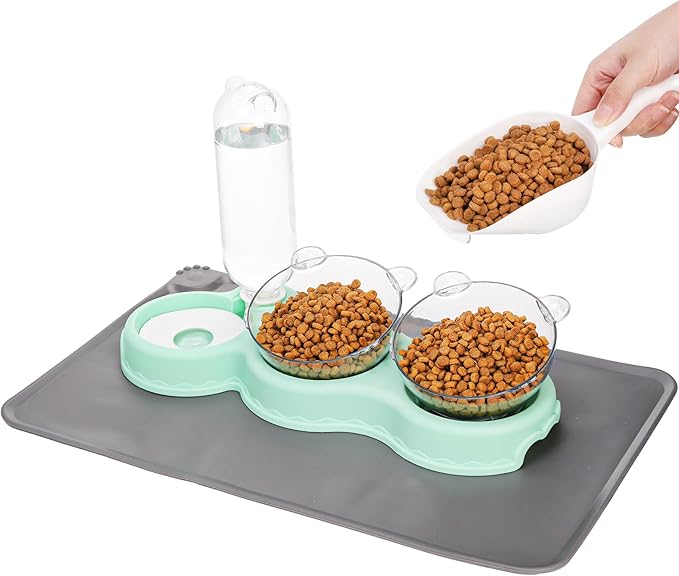WRINGKIT Triple Cats Bowls, Cat Food Water Bowl with Mat and Scoop, 15° Tilted Raised Cat Bowl Dishes with Automatic Water...
