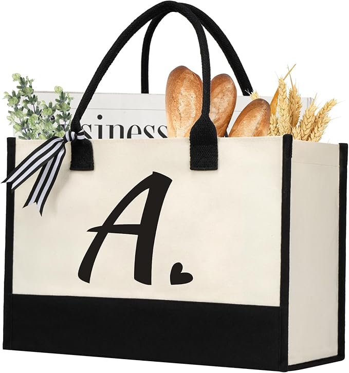 shenee Initial Canvas Tote Bag, Personalized Beach Jute Bag Present for Women Holiday,Friends Birthday Gift,Wedding, New Year