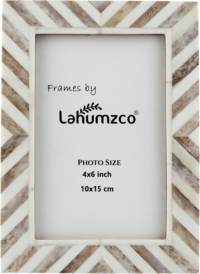 Lahumzco 4x6 Handmade Chevron Picture Frame – Brown & White Bone Inlay Design | Rustic Photo Frame for Tabletop & Wall, De...
