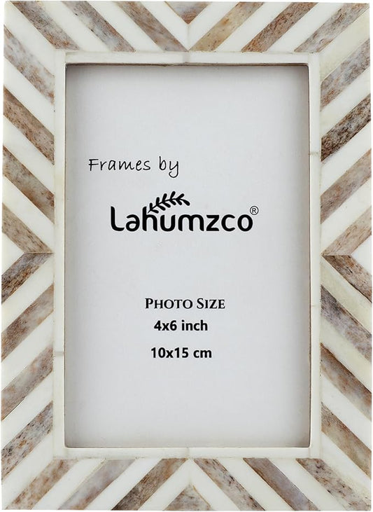 Lahumzco 4x6 Handmade Chevron Picture Frame – Brown & White Bone Inlay Design | Rustic Photo Frame for Tabletop & Wall, De...