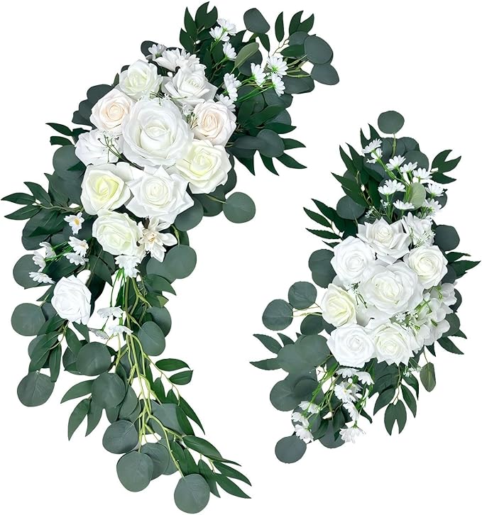 Petalivebioom Wedding Arch Flowers Set of 2 White Floral Swag for Wedding Ceremony Backdrop and Reception Decoration