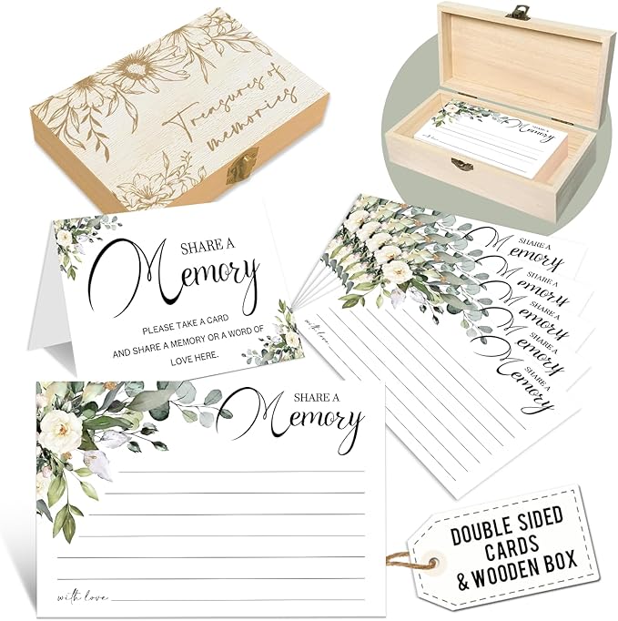 LeFohLon Share a Memory Cards with Box, Funeral Memory Box with 50 Greenery Cards, Wooden Keepsake Holder, Guest Book Idea...