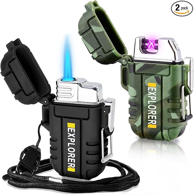 2 Pack Waterproof Lighter Outdoor Windproof Torch Lighters Dual Arc Butane Electric Lighters USB Rechargeable Lighters Fla...