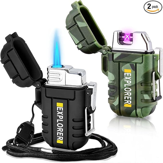 2 Pack Waterproof Lighter Outdoor Windproof Torch Lighters Dual Arc Butane Electric Lighters USB Rechargeable Lighters Fla...