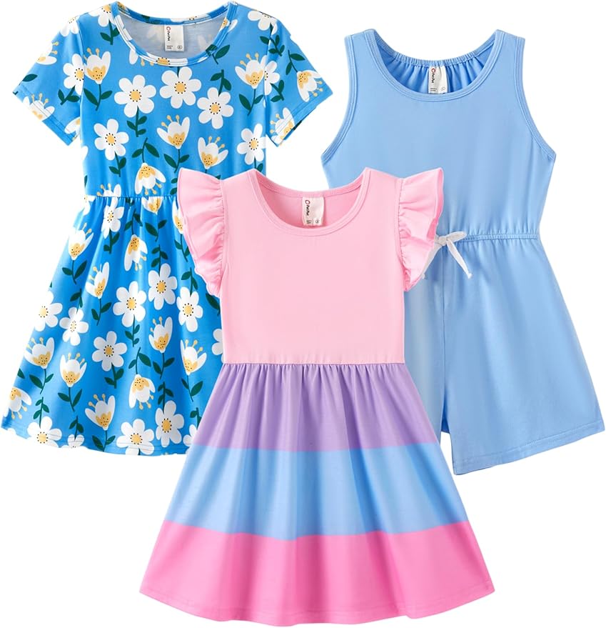 PATPAT Toddler Girl Floral Skater Multipack Dresses 3-Pack Polka Dots Short Sleeve Priness A-line Dress