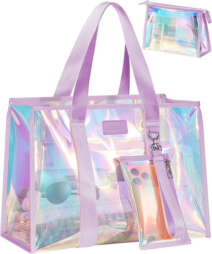 DSDCDJ Iridescent Beach Bags for Women, Large Jelly Tote Bag with Phone Pouch & Makeup Bag - Waterproof Beach Tote Bag