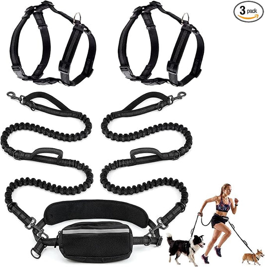 Aliceset Hands Free Double Dog Leash for 2 Dogs, with 2 Adjustable Harnesses + 2 Bungee Leashes + Waist Bag, Dual Handles...