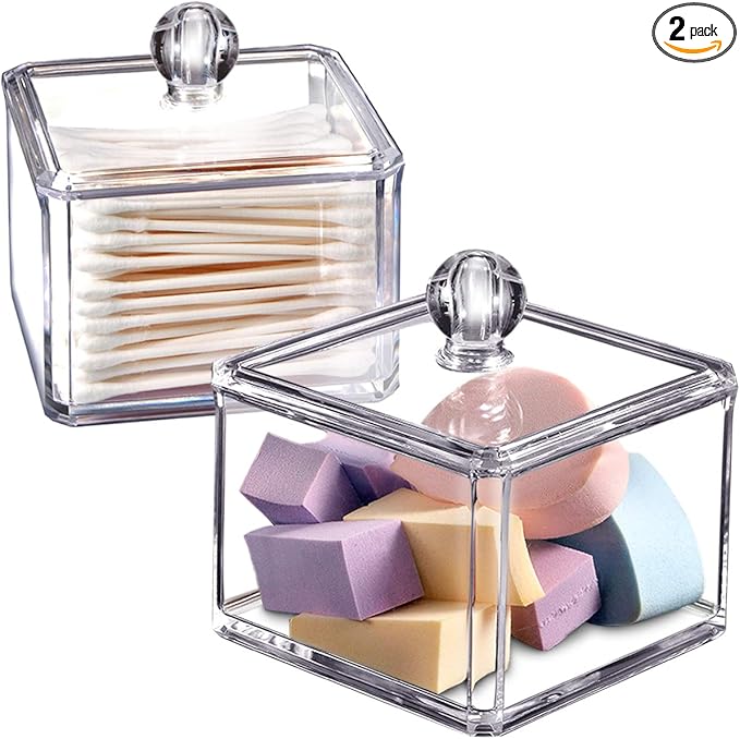 SheeChung 2-Pack Modern Square Acrylic Qtip Holder - Clear Apothecary Jars with Lids - Bathroom Vanity Storage Canister - ...