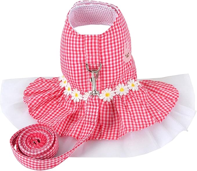 Small Dog Dress with Leash Set Adjustable Dog Harness Dress with D Ring Breathable Walk Doggie Outfits for Puppy Girl and ...