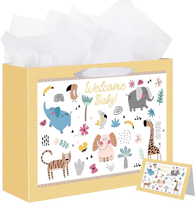 woric 14.5" Baby Gift Bag for Baby Shower with Tissue Paper and Greeting Cards for Boys Girls Birthday Party(Cute Animals)