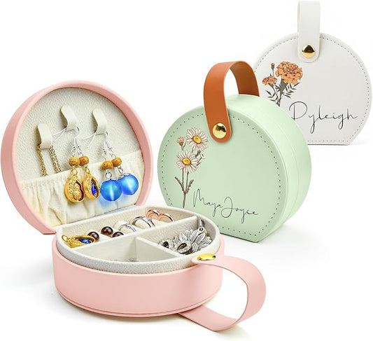 Personalized Leather Travel Jewelry Box with Name and Birth Flower for Women Gifts Custom Small Travel Jewelry Organizer C...