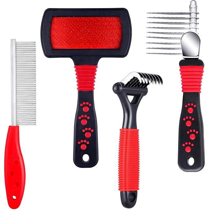 4 Pieces Pet Grooming Kit - Dematting Combs, Slicker Brush, and Steel Comb for Removing Knots and Hair from Dogs, Cats, an...