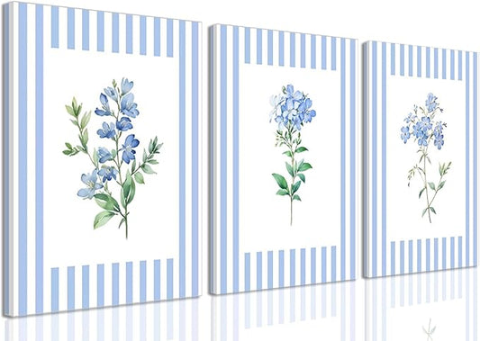 Rustic Blue and White Striped Canvas Floral Wall Art Prints Set of 3, Retro Cottagecore Botanical Flower Posters Pictures ...