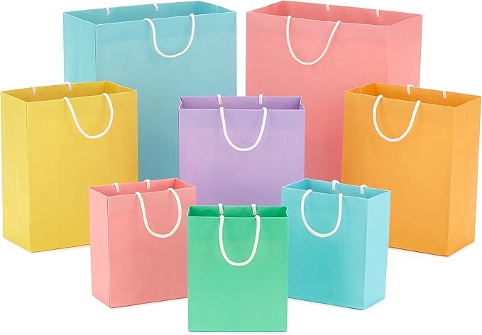 Hallmark Recyclable Gift Bag Assortment (8 Bags: 3 Small 6", 3 Medium 9", 2 Large 13") Pastel Blue, Pink, Yellow, Purple, ...