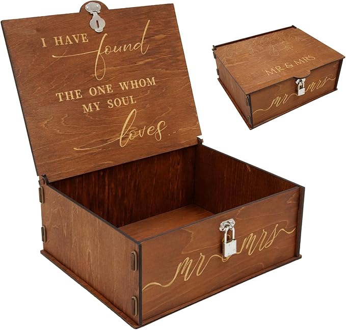 OurWarm Wedding Keepsake Box with Lock, Large Wooden Memory Box for Keepsakes, Wood Decorative Photo Storage Boxes with Li...