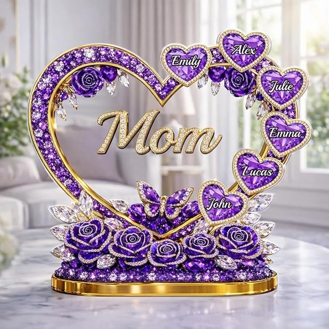 LOVELYPOD Custom Mom Heart With Crystal Roses 2D Acrylic Plaque, Personalized Grandma Plaque with Grandkid Names, Mama Gif...