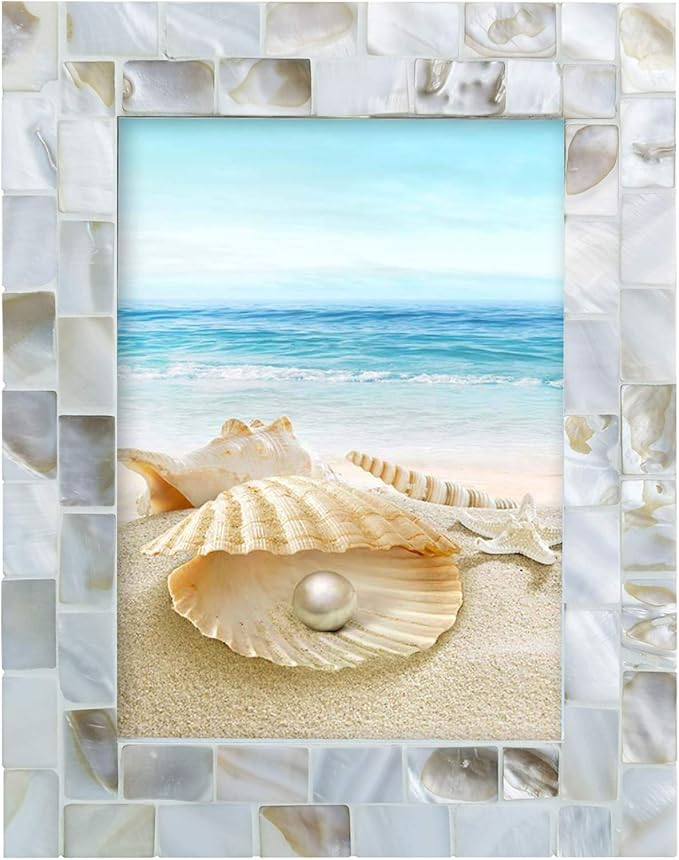 WORAMUK Handmade Picture Frames, 5" x 7"Vintage Mother of Pearl Photo Frame,Unique Natural Style,Chic Mosaic Beach Picture...