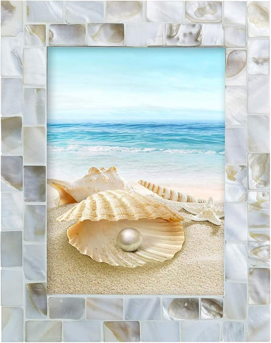 WORAMUK Handmade Picture Frames, 5" x 7"Vintage Mother of Pearl Photo Frame,Unique Natural Style,Chic Mosaic Beach Picture...