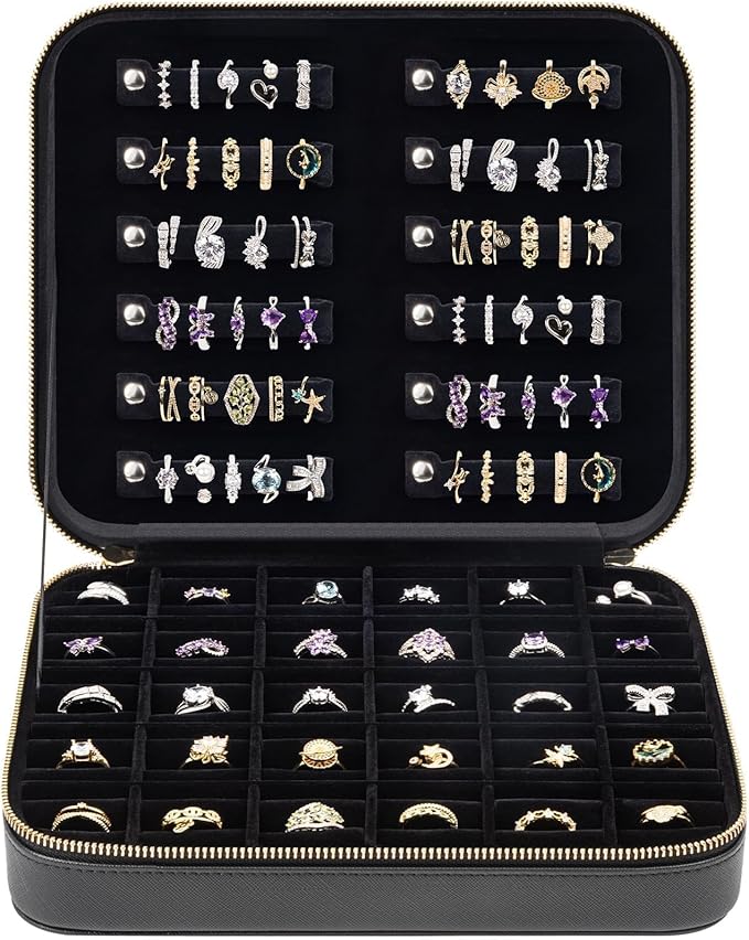Luxury Velvet Ring Storage Organizer Case, Leather Ring Holder for Women/ Girls/ Mothers/ Wife, Portable Jewelry Display B...