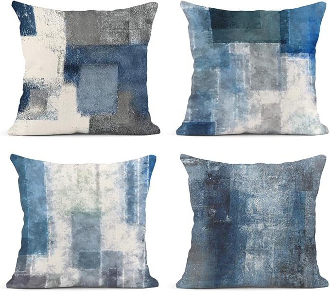 Emvency Set of 4 Throw Pillow Covers Blue and Grey White Art Artwork Contemporary Decorative Gray Cushion Sofa Bedroom Car...
