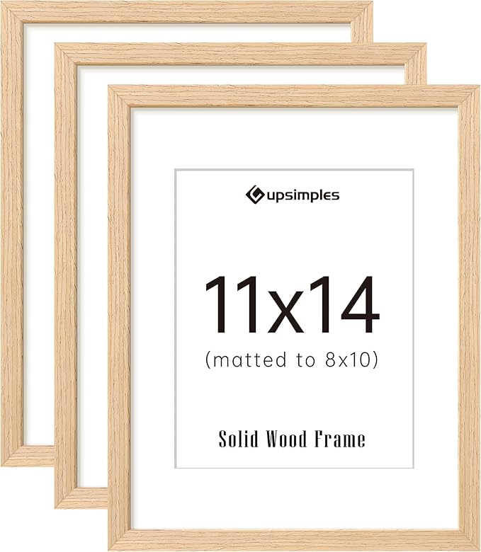 upsimples 11x14 Picture Frame Set of 3, Natural Solid Wooden Picture Frames, Display 8x10 with Mat or 11 x 14 Without for ...