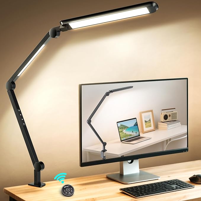 YULINKCO LED Desk Lamp with Clamp, Adjustable Dual Light & Remote Control, Puzzle Light for Table No Glare, 4 Color Modes ...