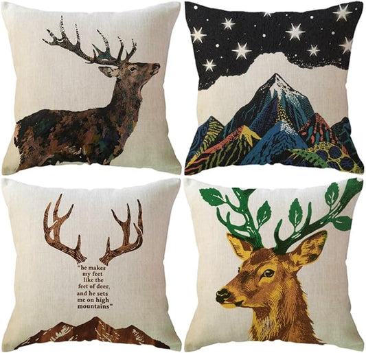 ULOVE LOVE YOURSELF Deer Throw Pillow Case 4 Pack Cotton Linen Cushion Covers,18 X 18 Inch Square Pillow Covers for Home D...