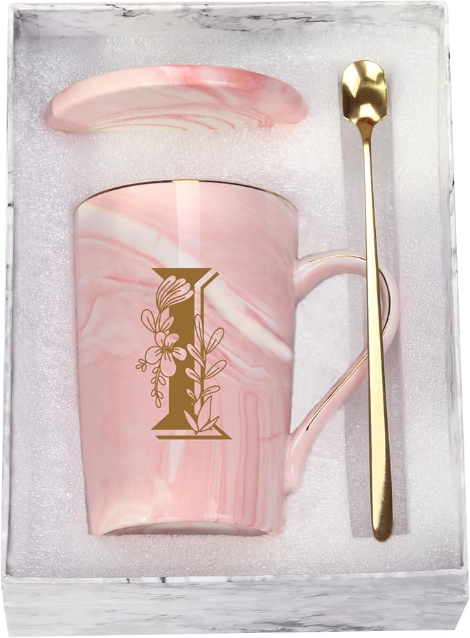 Letter I Personalized Initial Mugs with Flower, Letter I Personalized Novelty Coffee Mug, Novelty Letter Coffee Mugs for W...
