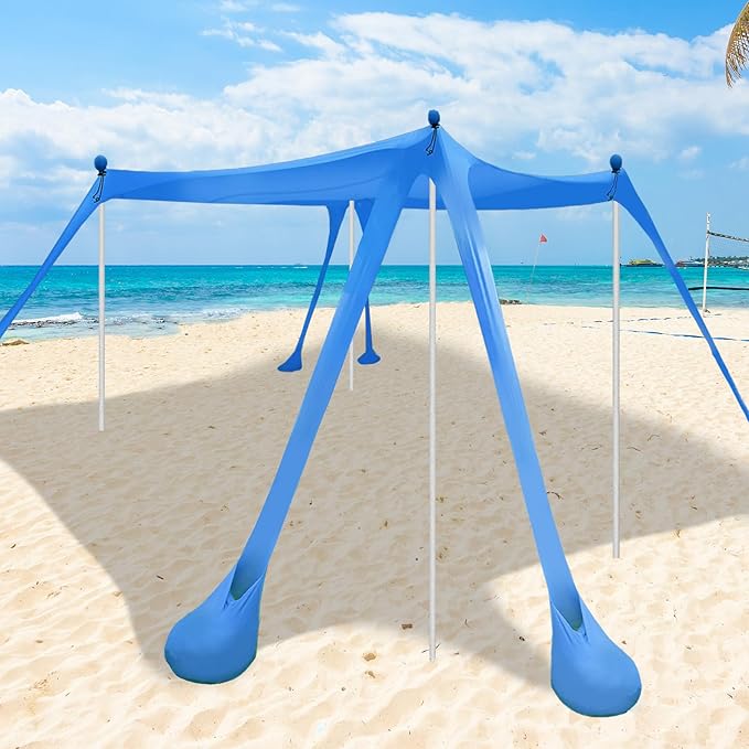 Beach Canopy Beach Tent 11X11 FT 6 Sandbags 4 Stability Poles Beach Shade Canopy UPF50+ Sun Protection Extra Windproof Rop...