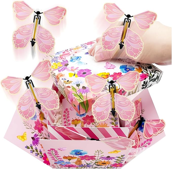 Butterfly Surprise Explosion Gift Box,Floral Printed Exploding Fantasy Box Pink DIY Creative Flying Butterfly Gift Package...