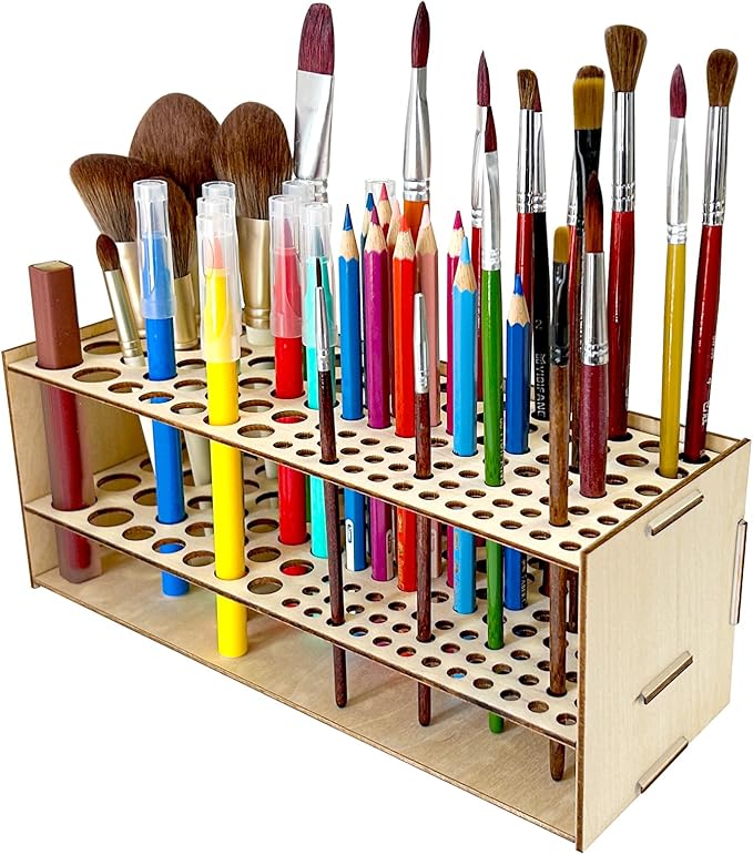 HESHUYU Wooden Paint Brush Holder 105 Holes Paintbrush Holder Organizer Paint Brush Stand Rack with Silicone Rings for Pen...