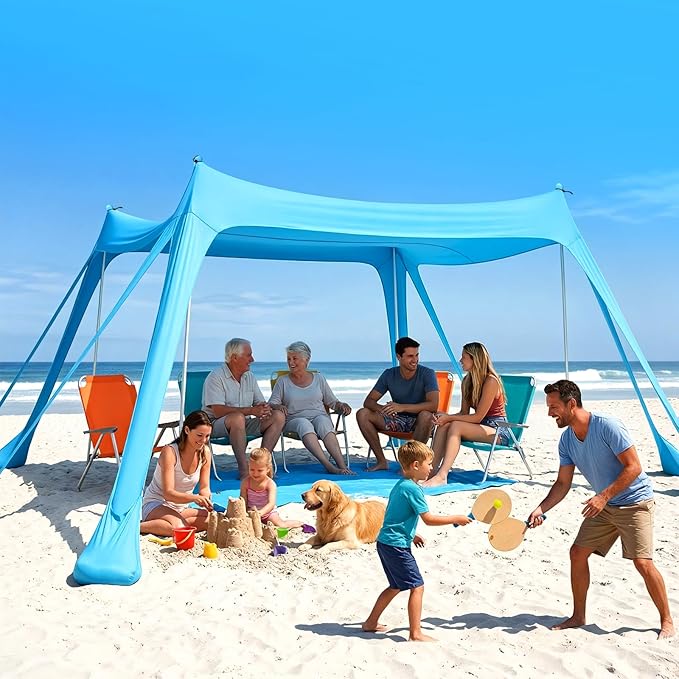 Purebox Beach Tent Sun Shelter - 10x10FT Beach Shade Canopy UPF50+ Protection Easy Setup, with 8 Sandbags, 4 Stability Pol...
