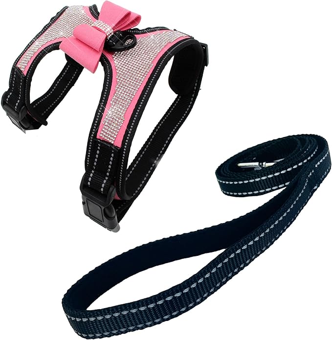 Newtensina 2pcs Bow Ties Bling Cute Dog Harness with Lead for Dog - Pink - S