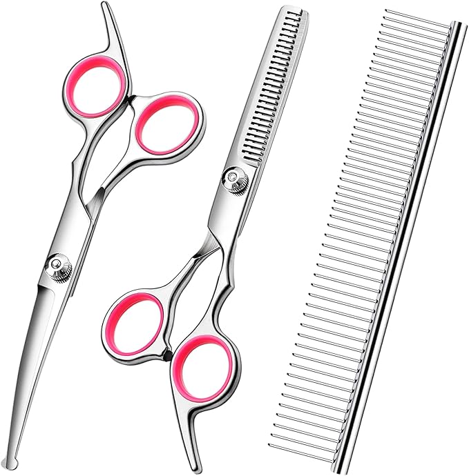 FAIGEO Dog Grooming Scissors with Safety Round Tips Stainless Steel Professional Dog Grooming Kit - Thinning, Curved Sciss...