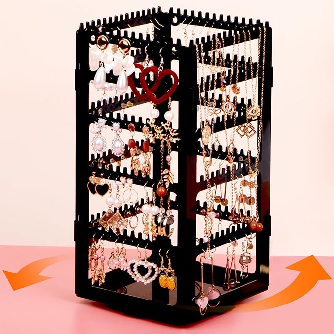 24Aug 360° Rotating Jewelry Organizer Stand with 5 Layers,Acrylic Earring Holder Organizer Stand,212 Holes and 212 Grooves...