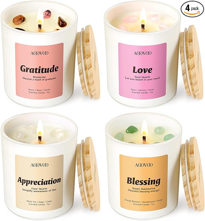 AOOVOO Mothers Day Candles Set for Women - 4 Pack Candles for Home Scented, Aromatherapy Candle with Crystals, Gratitude R...