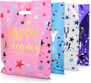 PintreeLand 6.7 * 9.8inch Happy Birthday Party Favor Bags 40 PCS, Plastic Goodies Loot Gift Bags Bulk for Kids Baby Girls...