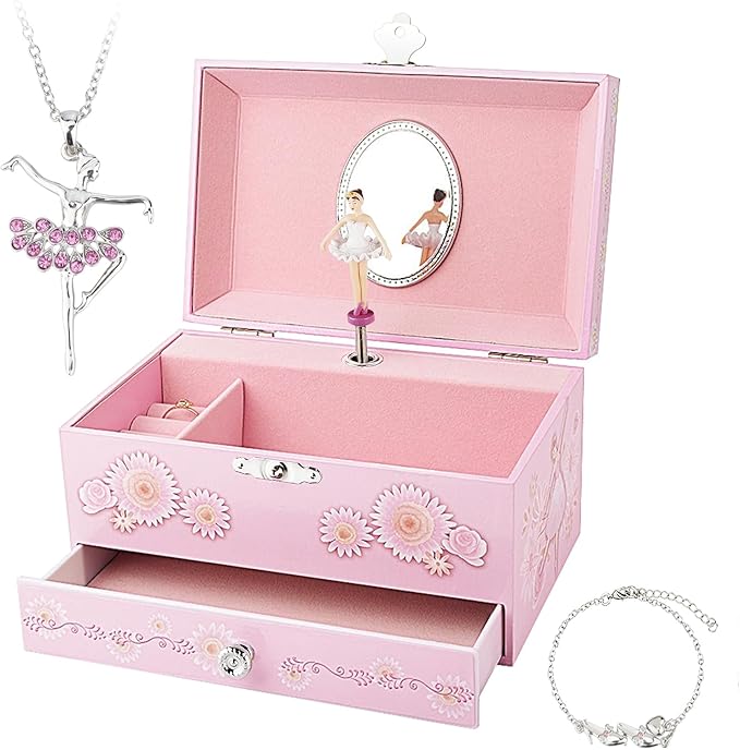 RR ROUND RICH DESIGN Kids Musical Jewelry Box for Girls with Drawer and Jewelry Set with Ballerina Theme - Swan Lake Tune ...