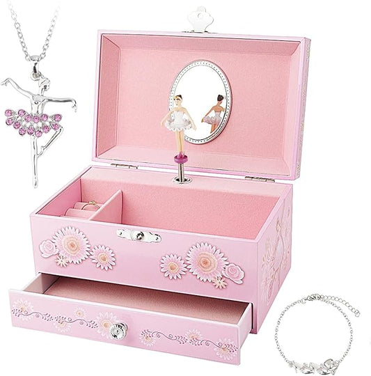 RR ROUND RICH DESIGN Kids Musical Jewelry Box for Girls with Drawer and Jewelry Set with Ballerina Theme - Swan Lake Tune ...