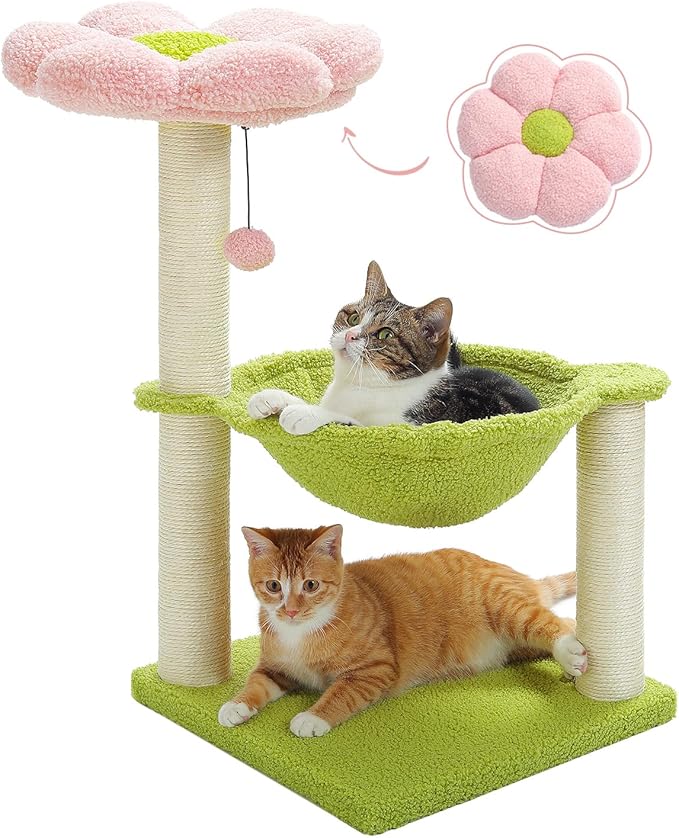 MUTTROS Flower Cat Tree, 28" Cat Tower with Cozy Flower Perch, Large Hammock for Indoor Small Cats, Cute Cat Tree with Sis...