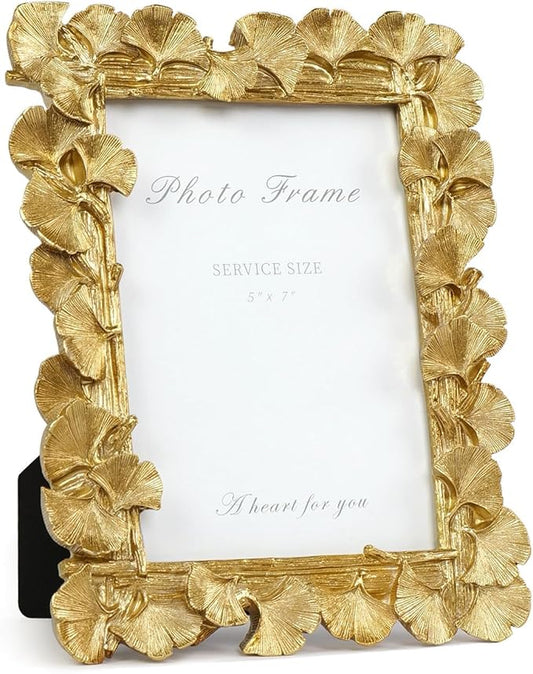Cuspin 5x7 Picture Frame, Vintage Ornate Gold Resin Frame with Glass Front, Ginkgo Leaf Textured Photo Frame for Wall Hang...