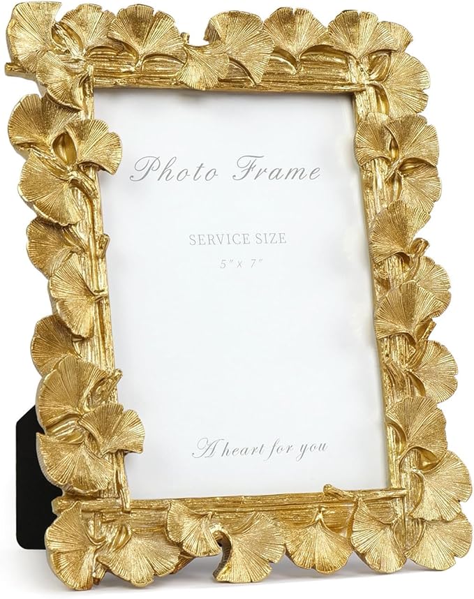 Cuspin 5x7 Picture Frame, Vintage Ornate Gold Resin Frame with Glass Front, Ginkgo Leaf Textured Photo Frame for Wall Hang...
