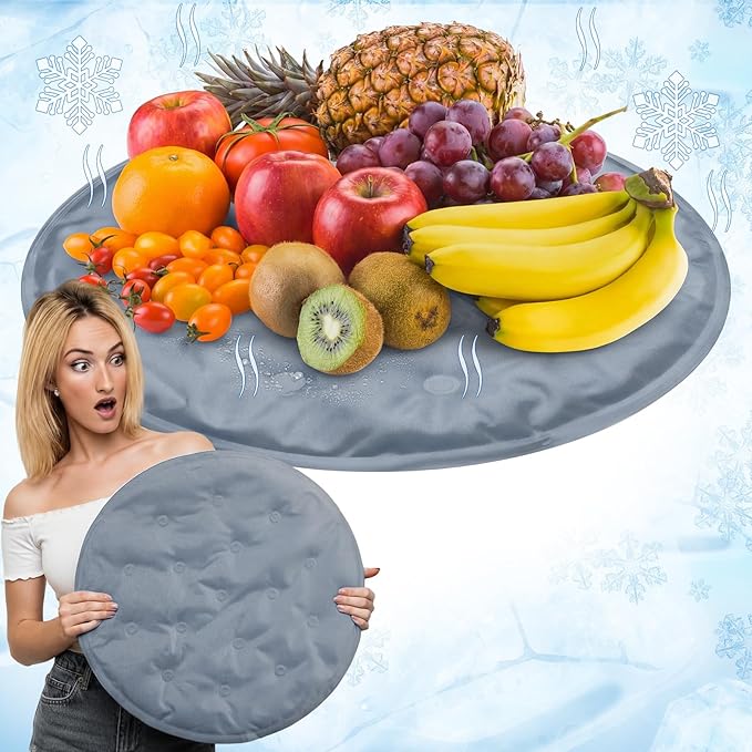 Reallnaive 2 Pcs Reusable Freezable Ice Mat Buffet Chilled Serving Tray 15.7'' Round Charcuterie Chilling Mat PVC Foldable...