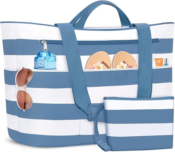 BKNOOU Extra Large Beach Bags Waterproof Sandproof XL Beach Tote Bag for Women Zipper Foldable Swim Pool Bag with Wet Pocket
