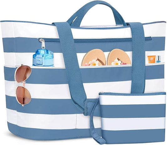 BKNOOU Extra Large Beach Bags Waterproof Sandproof XL Beach Tote Bag for Women Zipper Foldable Swim Pool Bag with Wet Pocket
